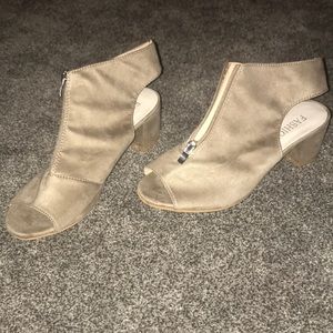 Tan suede peep toe heels
